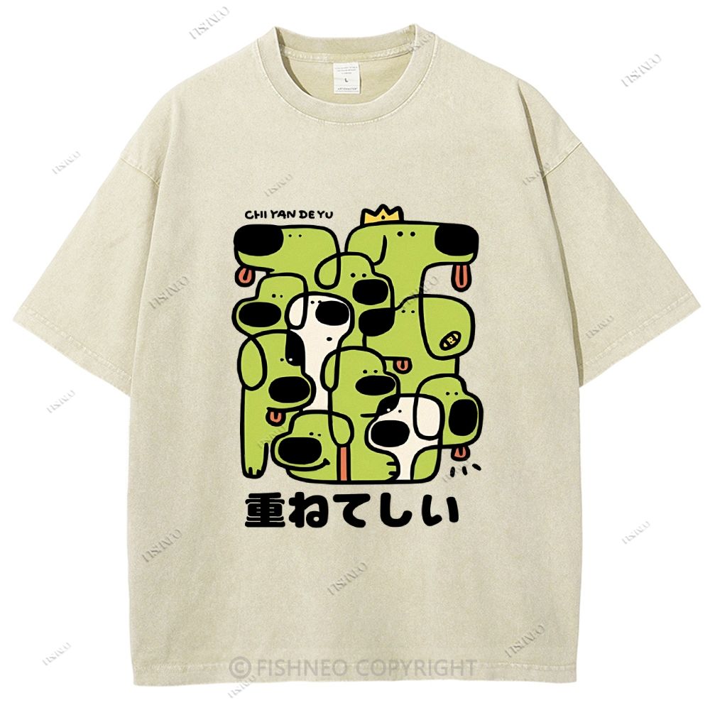 Unisex Japanese Dog Graffiti Printed Washed Tee