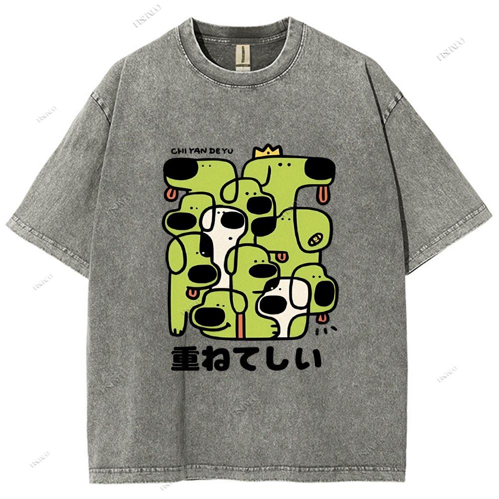 Unisex Japanese Dog Graffiti Printed Washed Tee