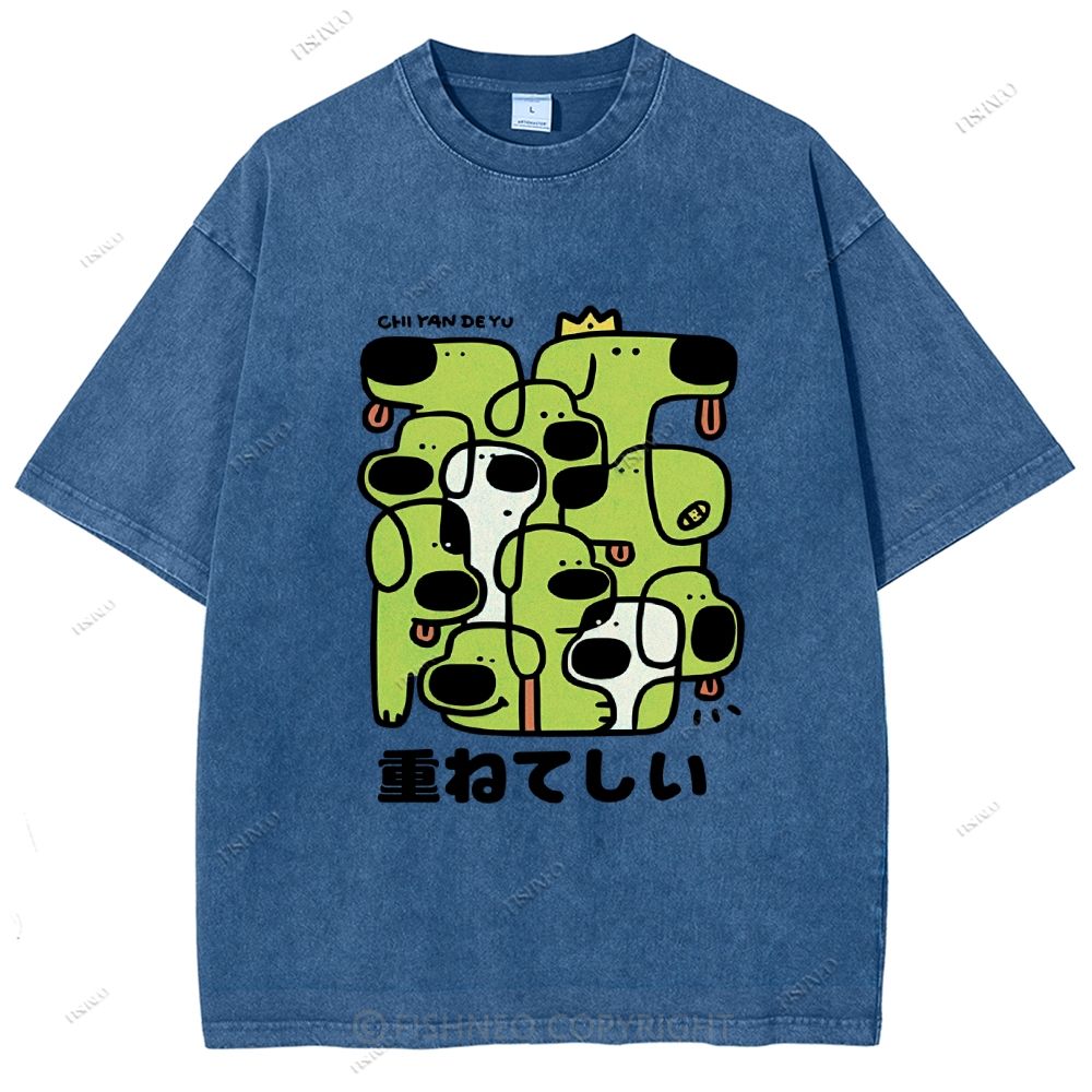 Unisex Japanese Dog Graffiti Printed Washed Tee