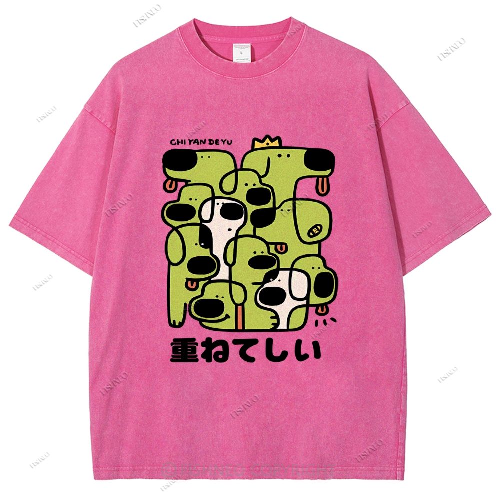 Unisex Japanese Dog Graffiti Printed Washed Tee
