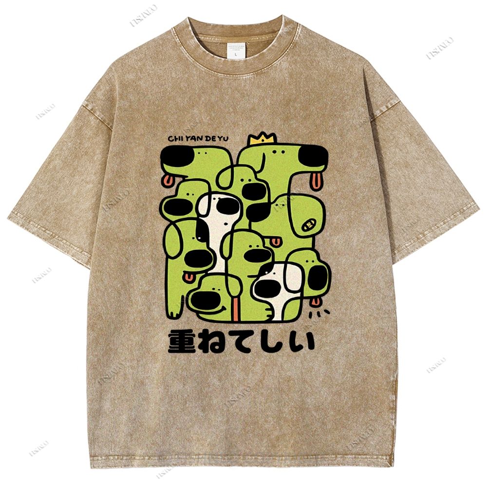 Unisex Japanese Dog Graffiti Printed Washed Tee