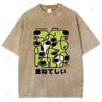 Unisex Japanese Dog Graffiti Printed Washed Tee