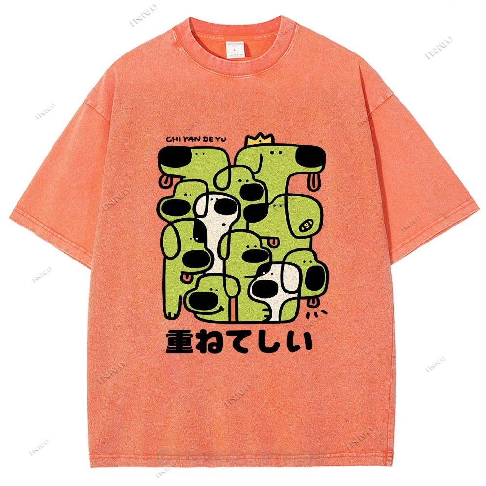 Unisex Japanese Dog Graffiti Printed Washed Tee