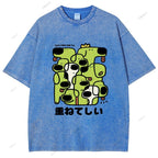 Unisex Japanese Dog Graffiti Printed Washed Tee