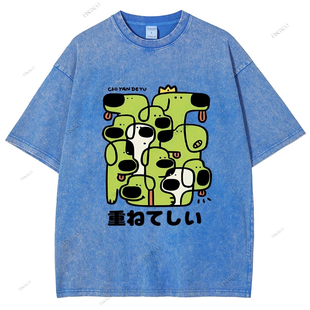 Unisex Japanese Dog Graffiti Printed Washed Tee