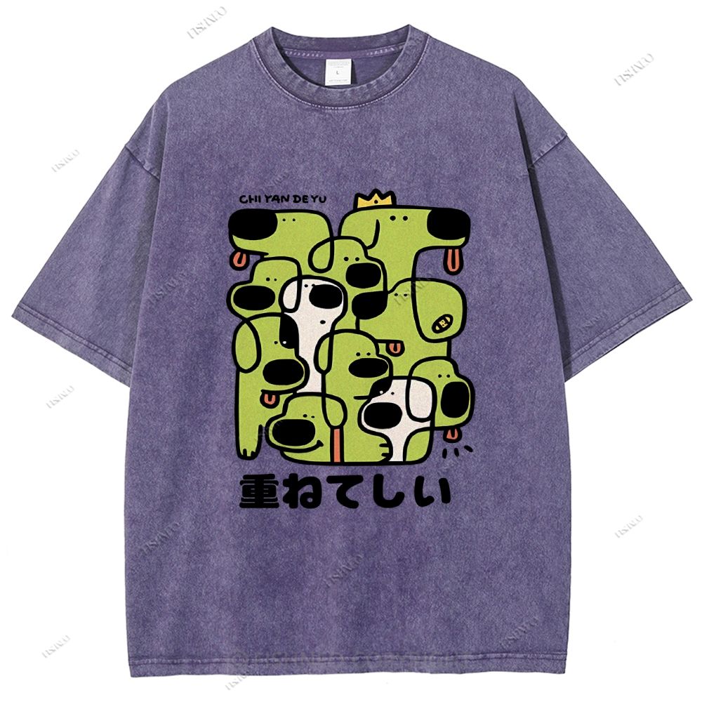 Unisex Japanese Dog Graffiti Printed Washed Tee