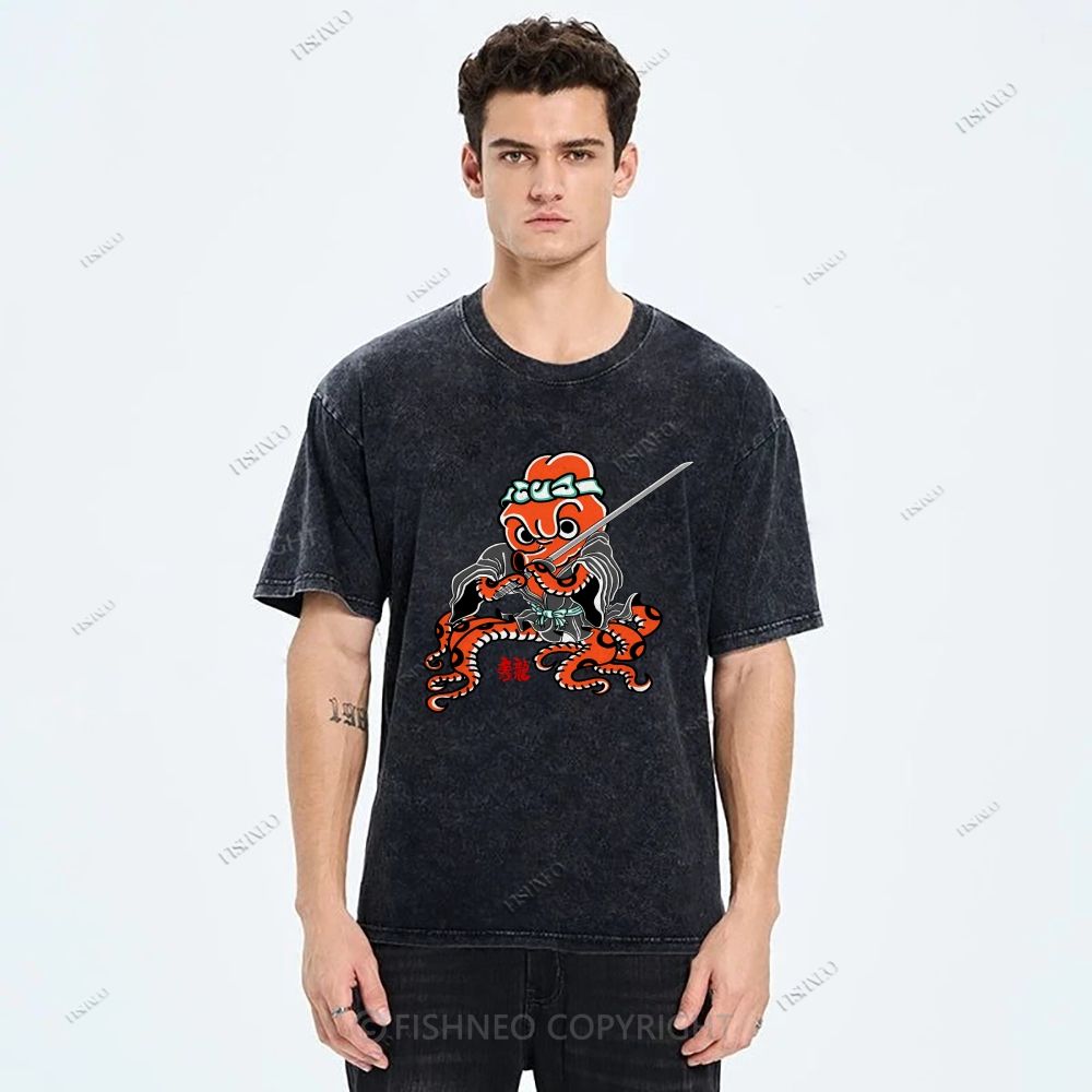 Unisex Octopus Samurai Printed Washed Tee