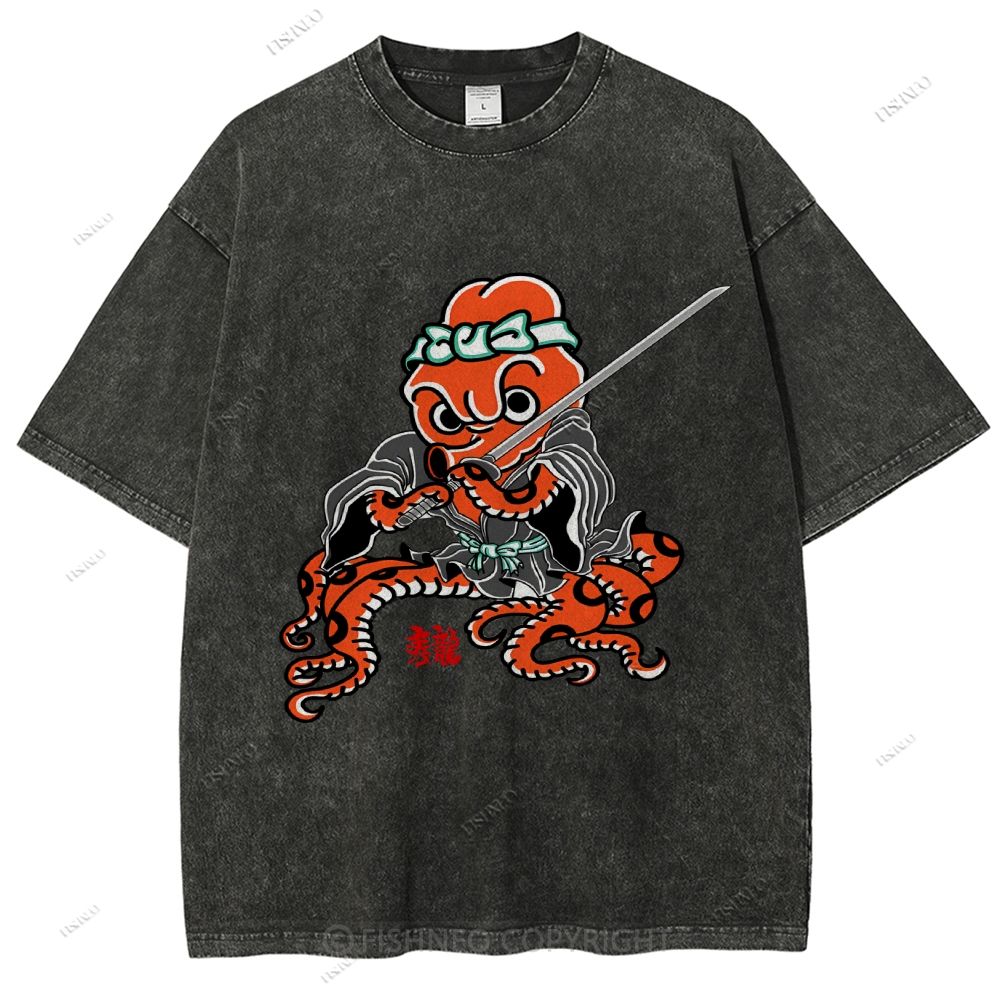 Unisex Octopus Samurai Printed Washed Tee