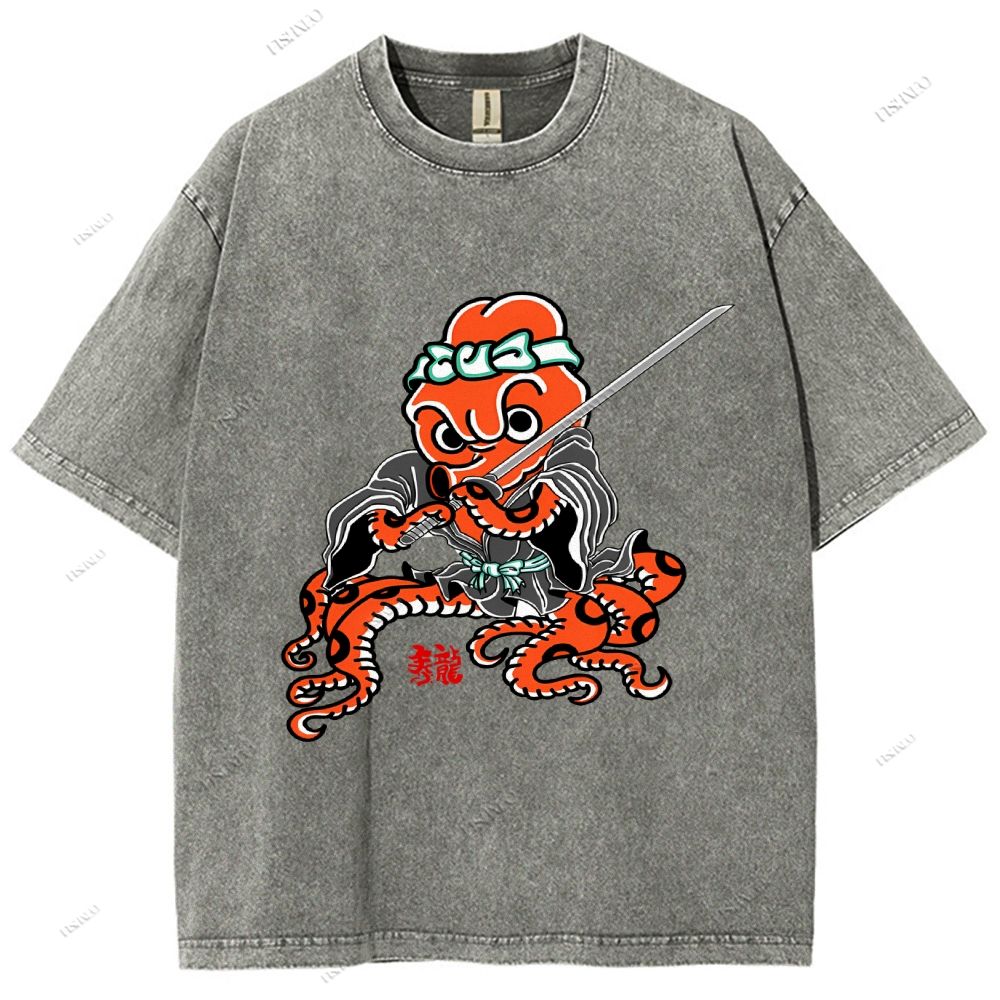 Unisex Octopus Samurai Printed Washed Tee