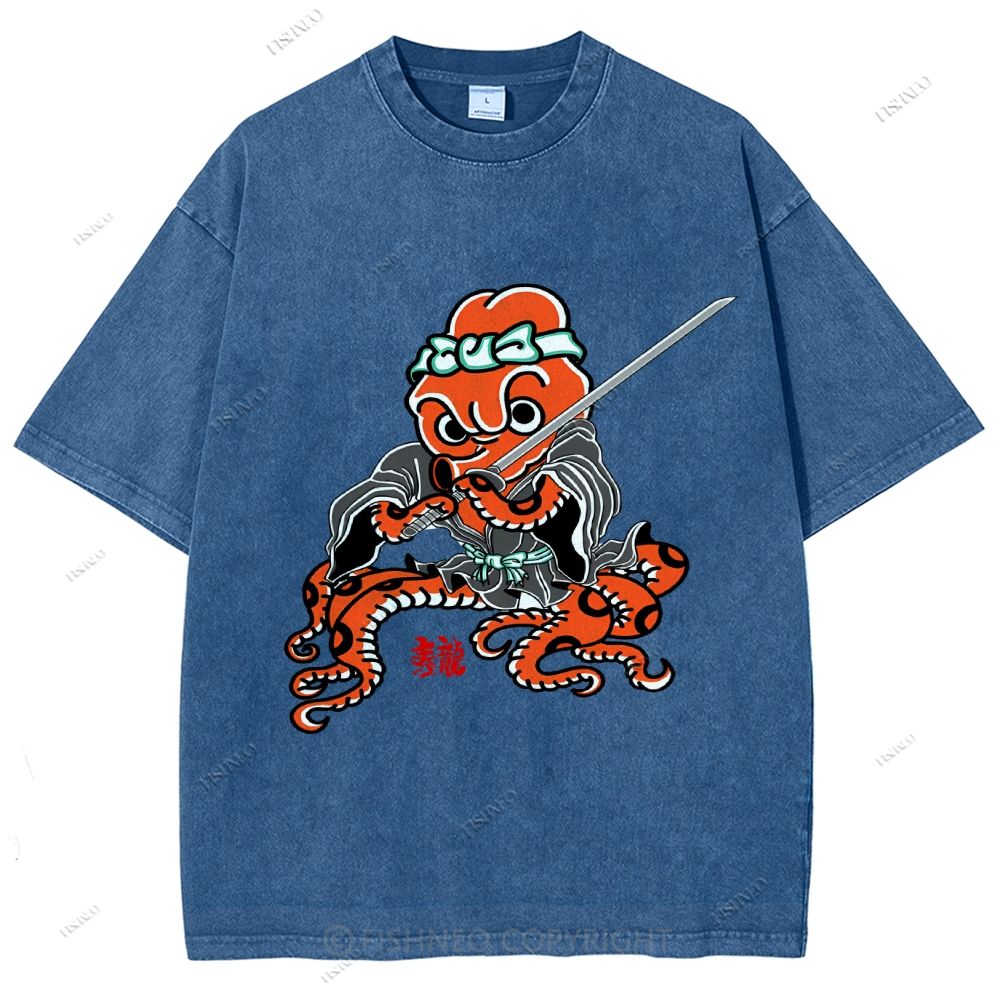 Unisex Octopus Samurai Printed Washed Tee