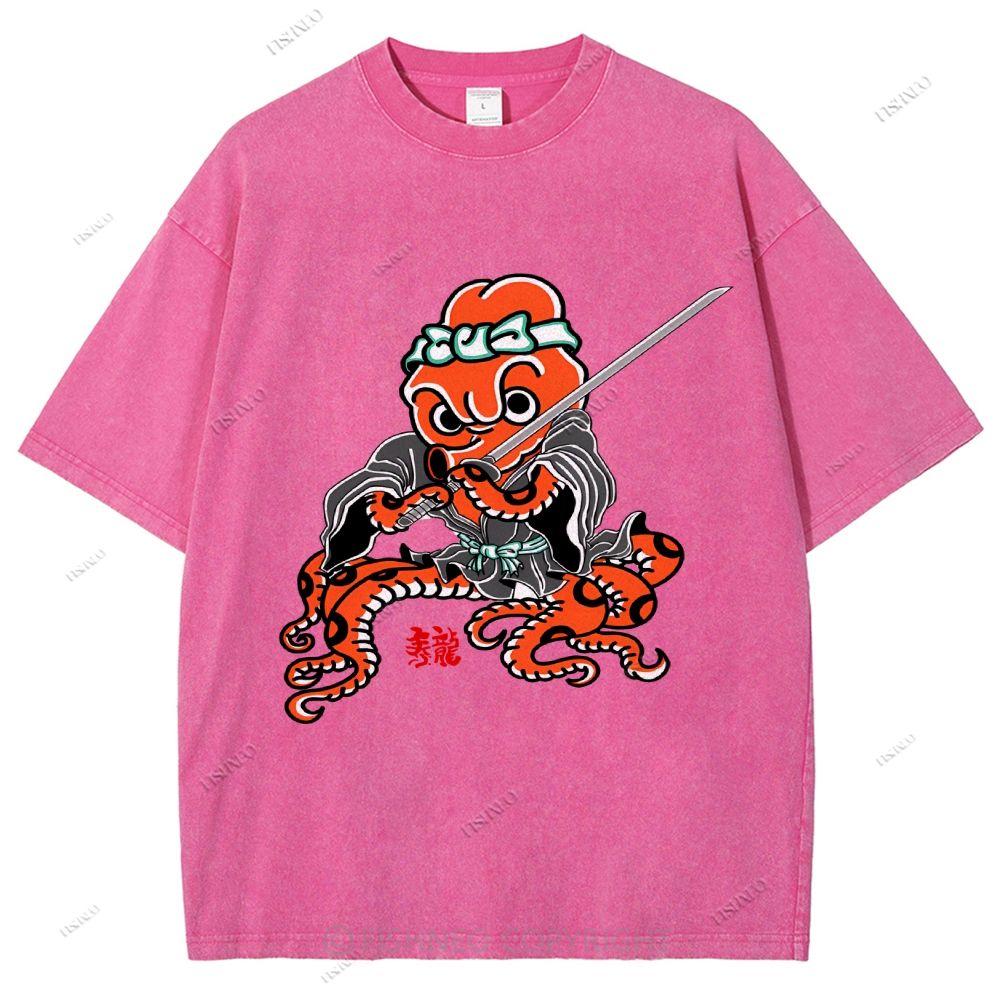 Unisex Octopus Samurai Printed Washed Tee