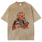 Unisex Octopus Samurai Printed Washed Tee
