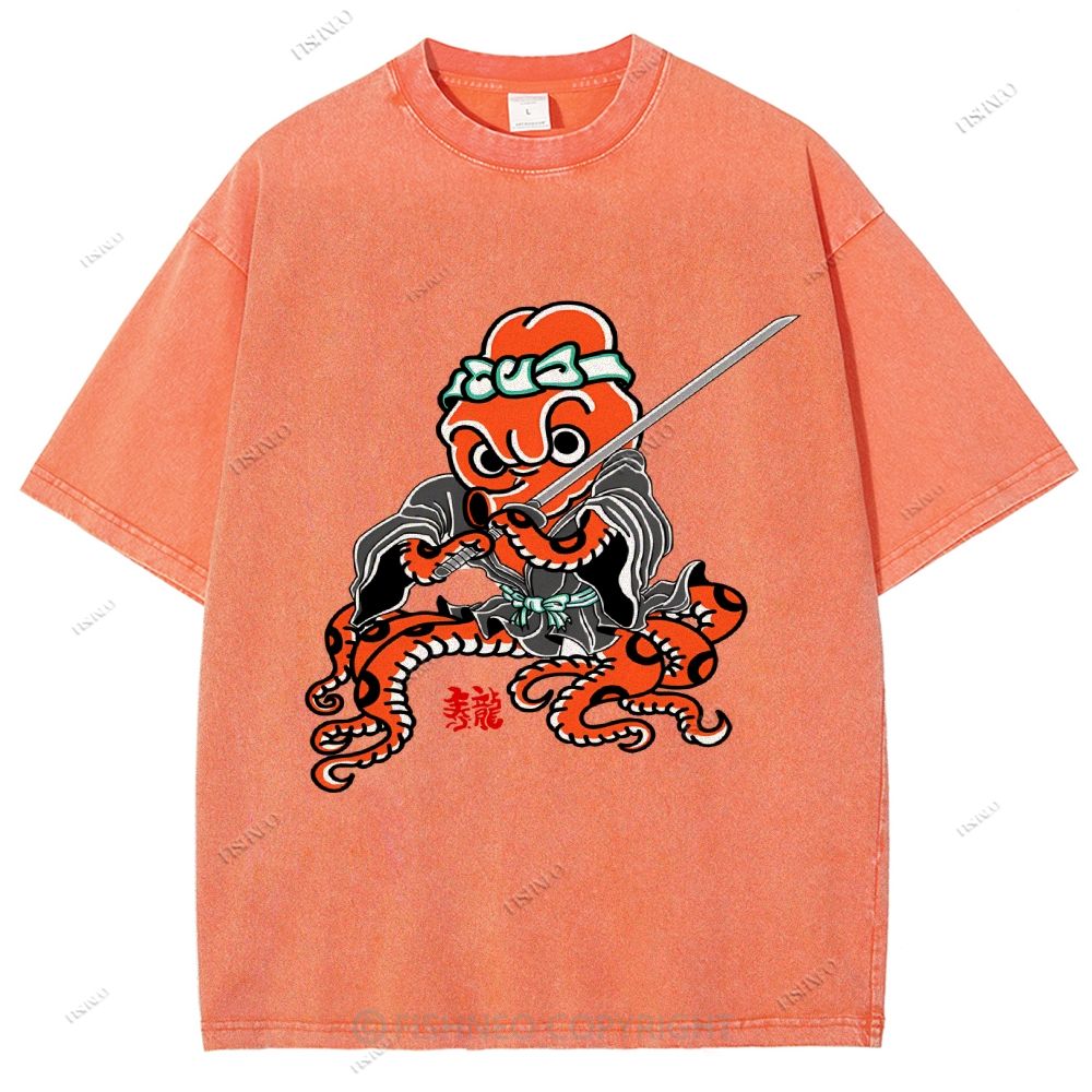Unisex Octopus Samurai Printed Washed Tee