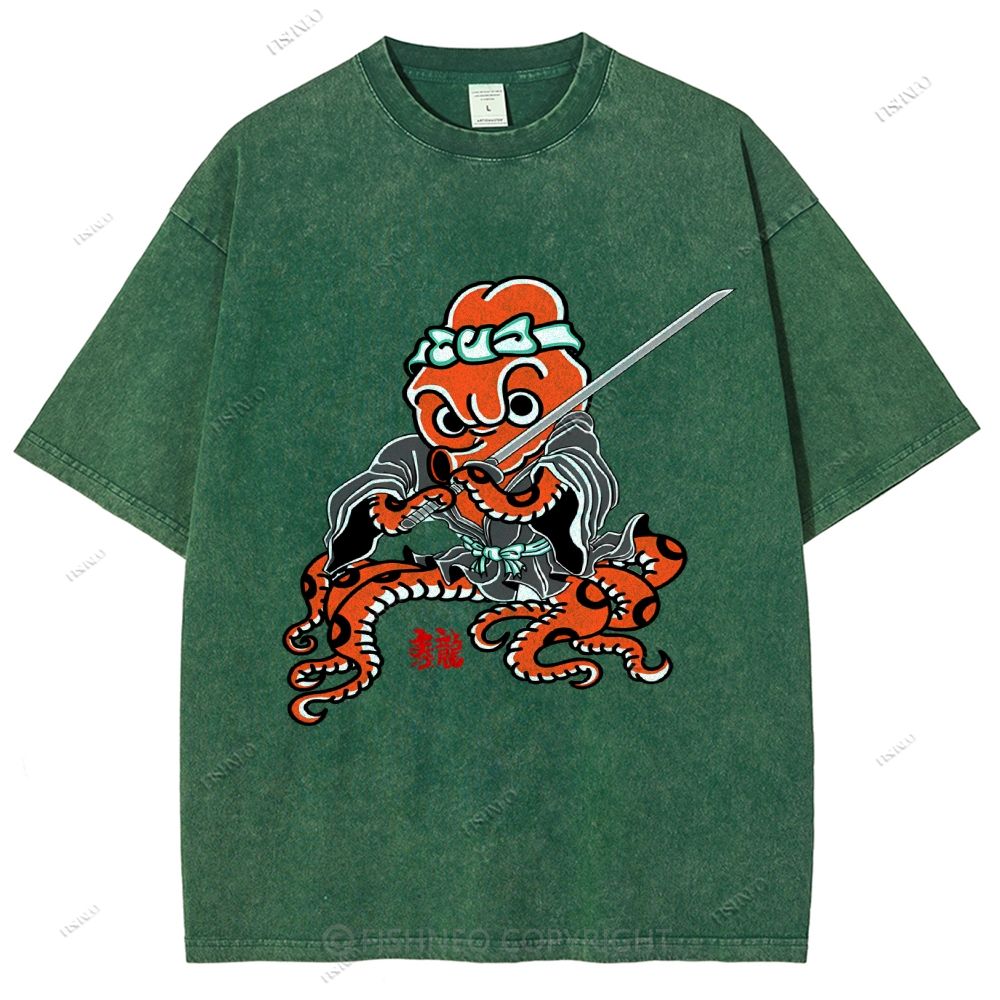Unisex Octopus Samurai Printed Washed Tee