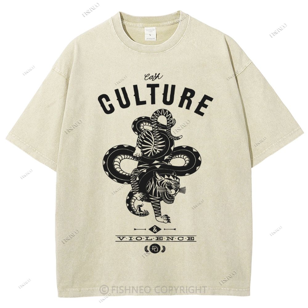 Unisex Vintage Tiger Snake Printed Washed Tee