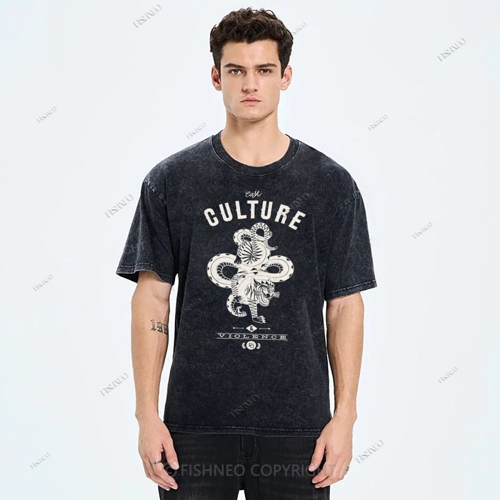 Unisex Vintage Tiger Snake Printed Washed Tee
