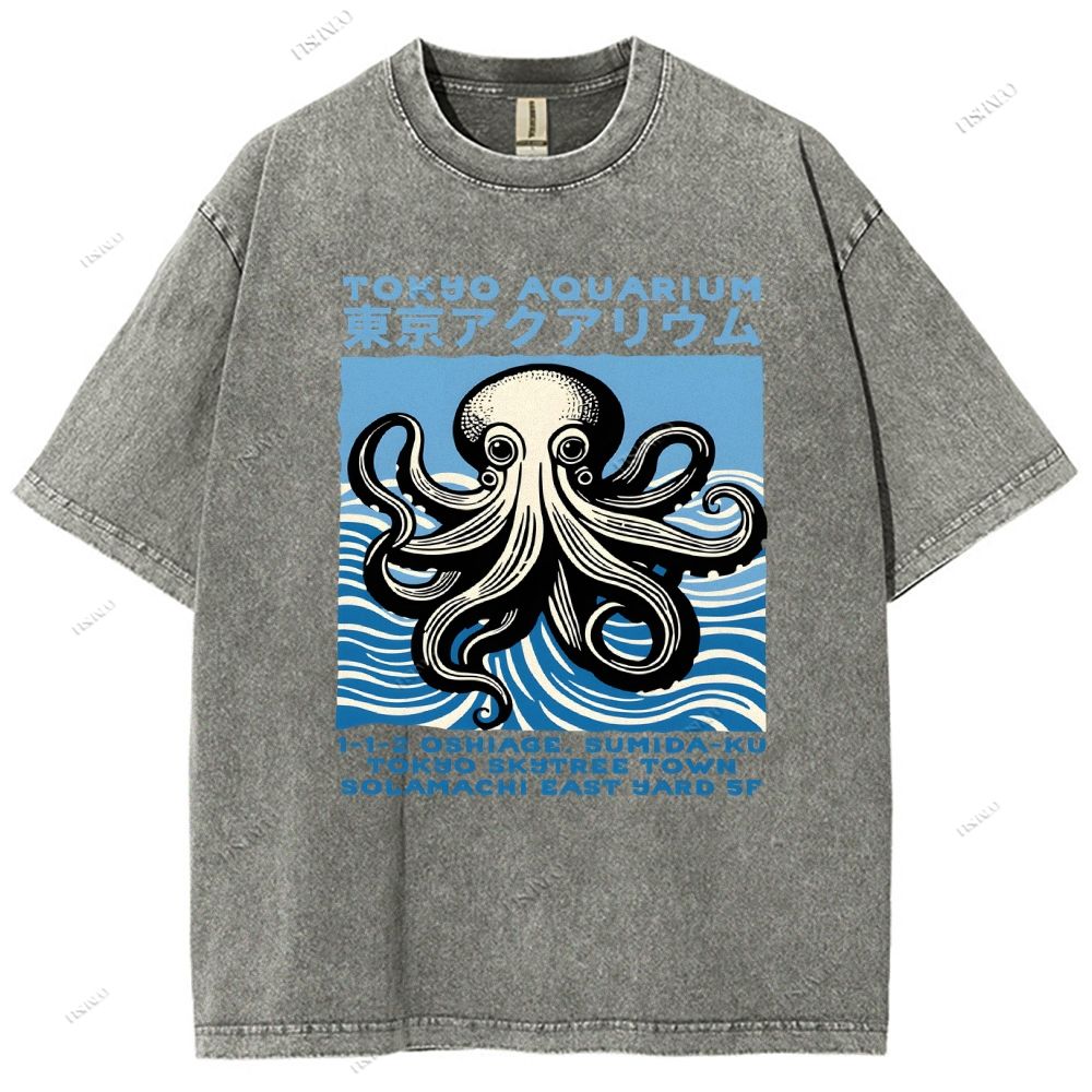 Unisex Tokyo Octopus Printed Washed Tee