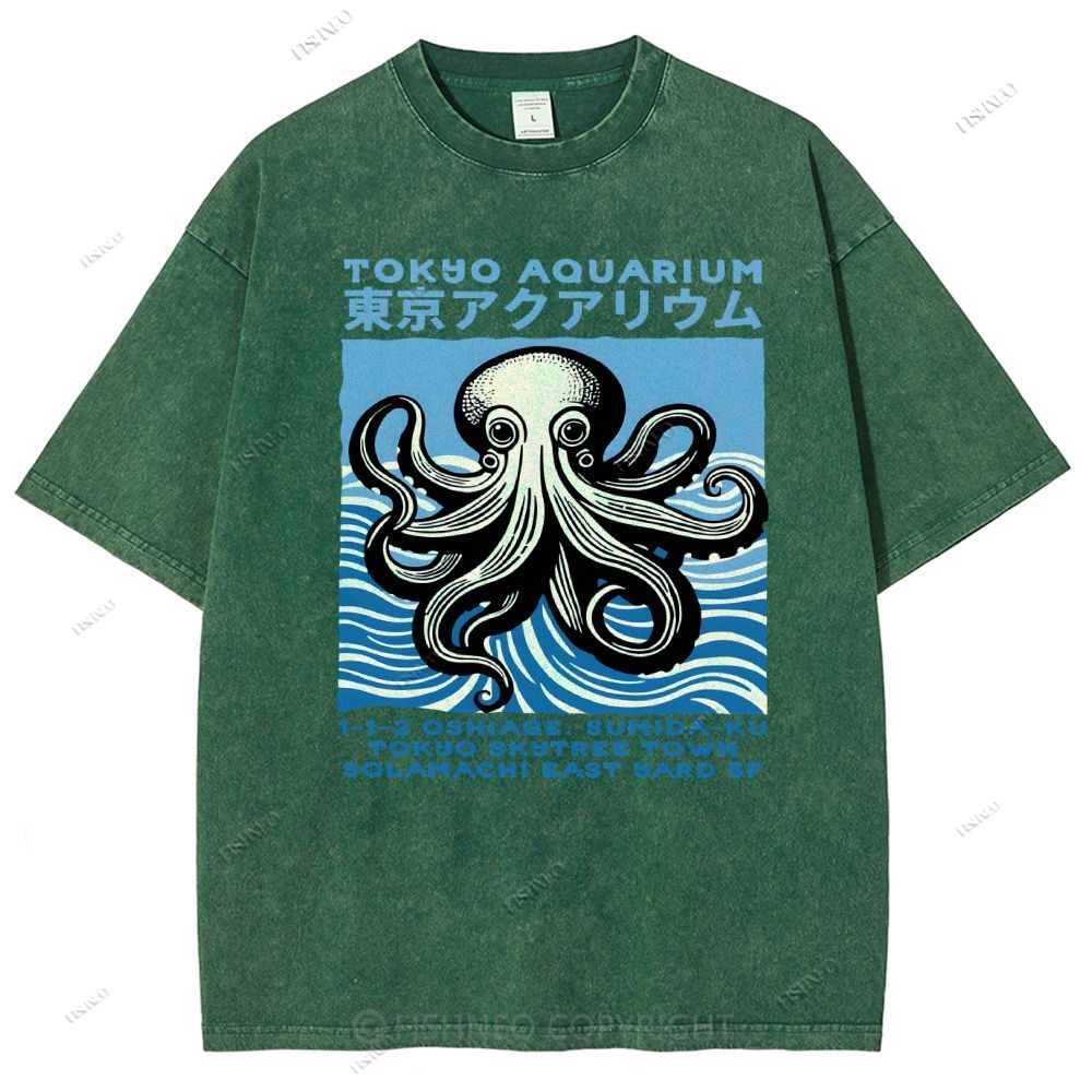 Unisex Tokyo Octopus Printed Washed Tee