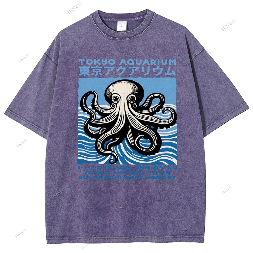Unisex Tokyo Octopus Printed Washed Tee