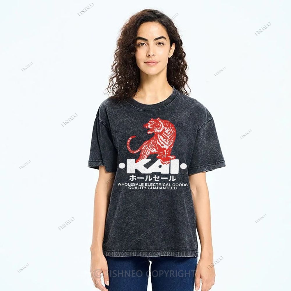 Unisex Japanese Tiger Printed Washed Tee