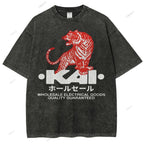 Unisex Japanese Tiger Printed Washed Tee