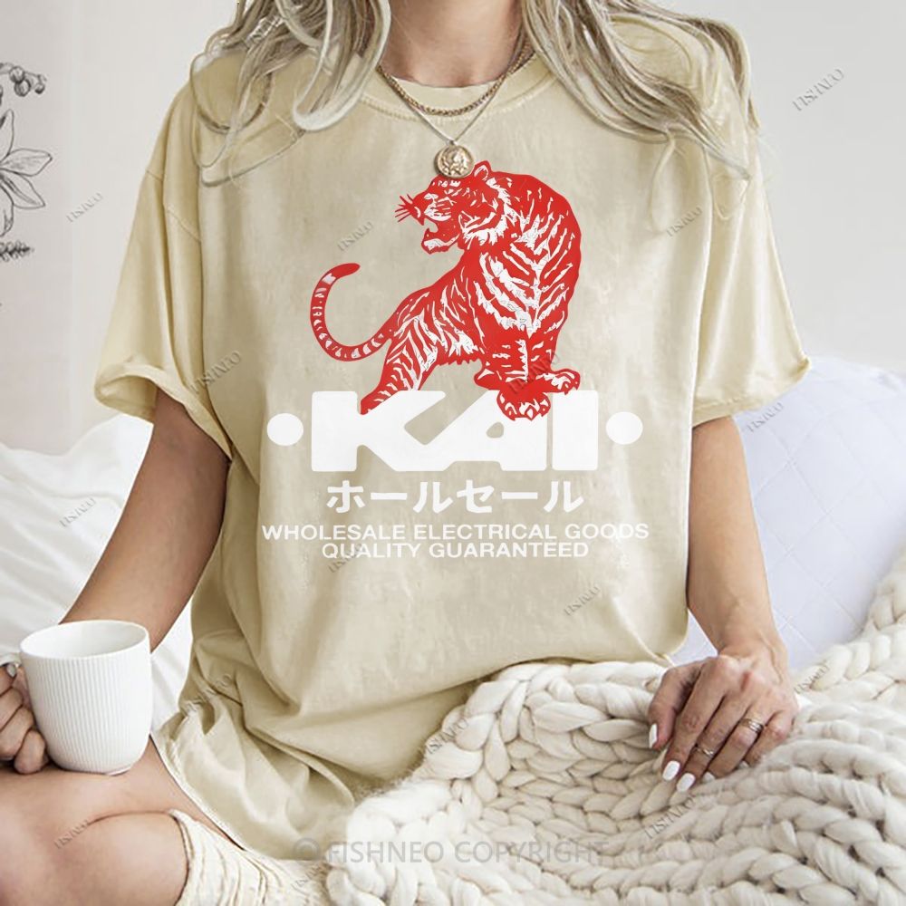 Unisex Japanese Tiger Printed Washed Tee