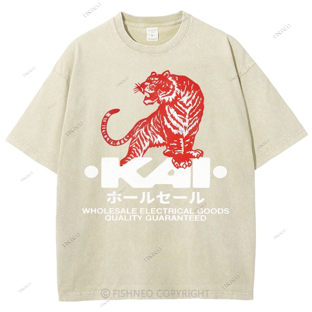 Unisex Japanese Tiger Printed Washed Tee