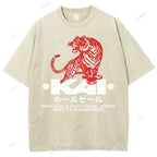 Unisex Japanese Tiger Printed Washed Tee