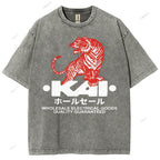Unisex Japanese Tiger Printed Washed Tee