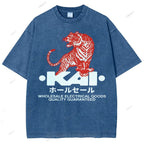 Unisex Japanese Tiger Printed Washed Tee