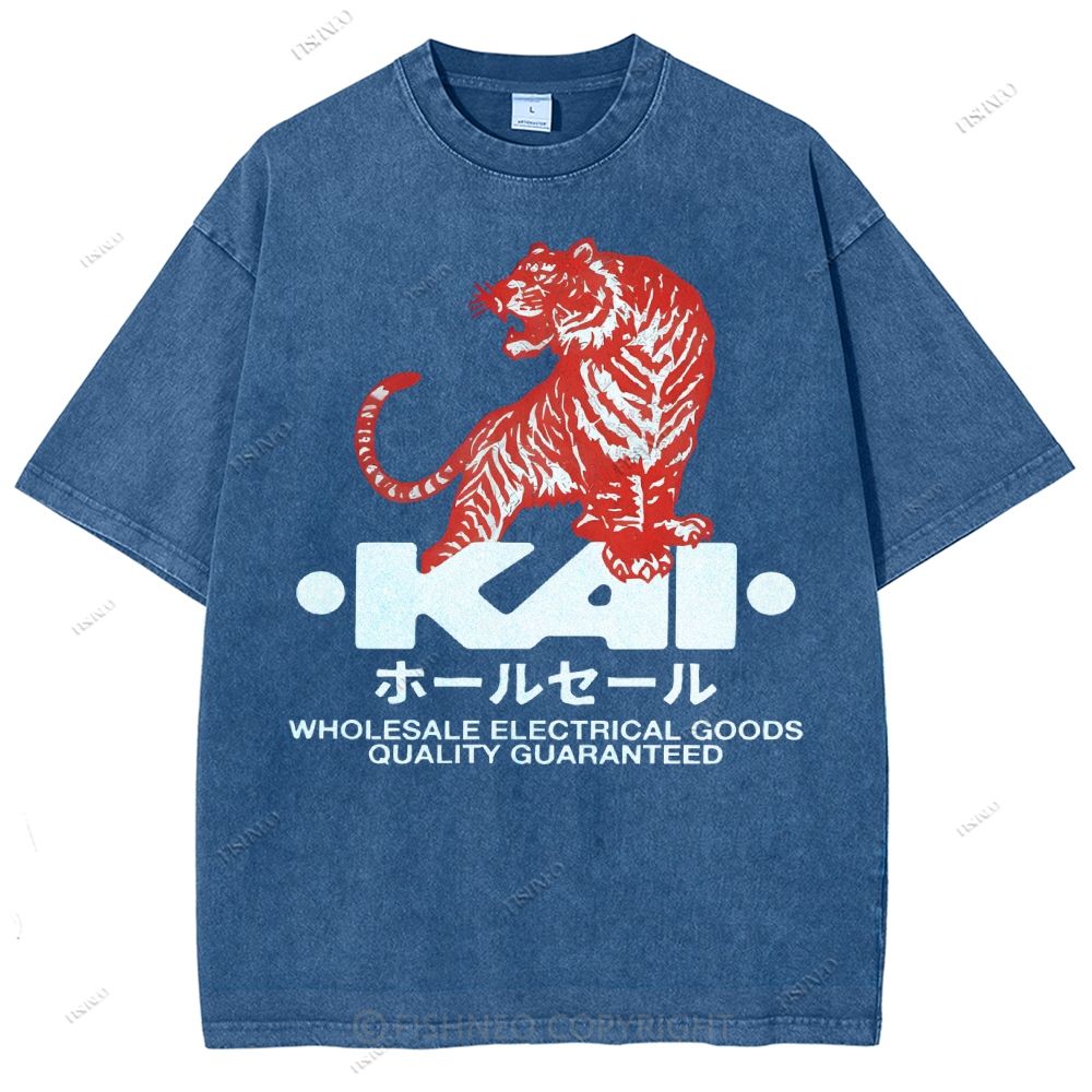 Unisex Japanese Tiger Printed Washed Tee