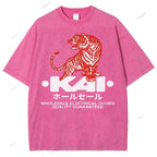 Unisex Japanese Tiger Printed Washed Tee