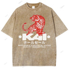 Unisex Japanese Tiger Printed Washed Tee