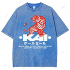 Unisex Japanese Tiger Printed Washed Tee