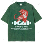 Unisex Japanese Tiger Printed Washed Tee