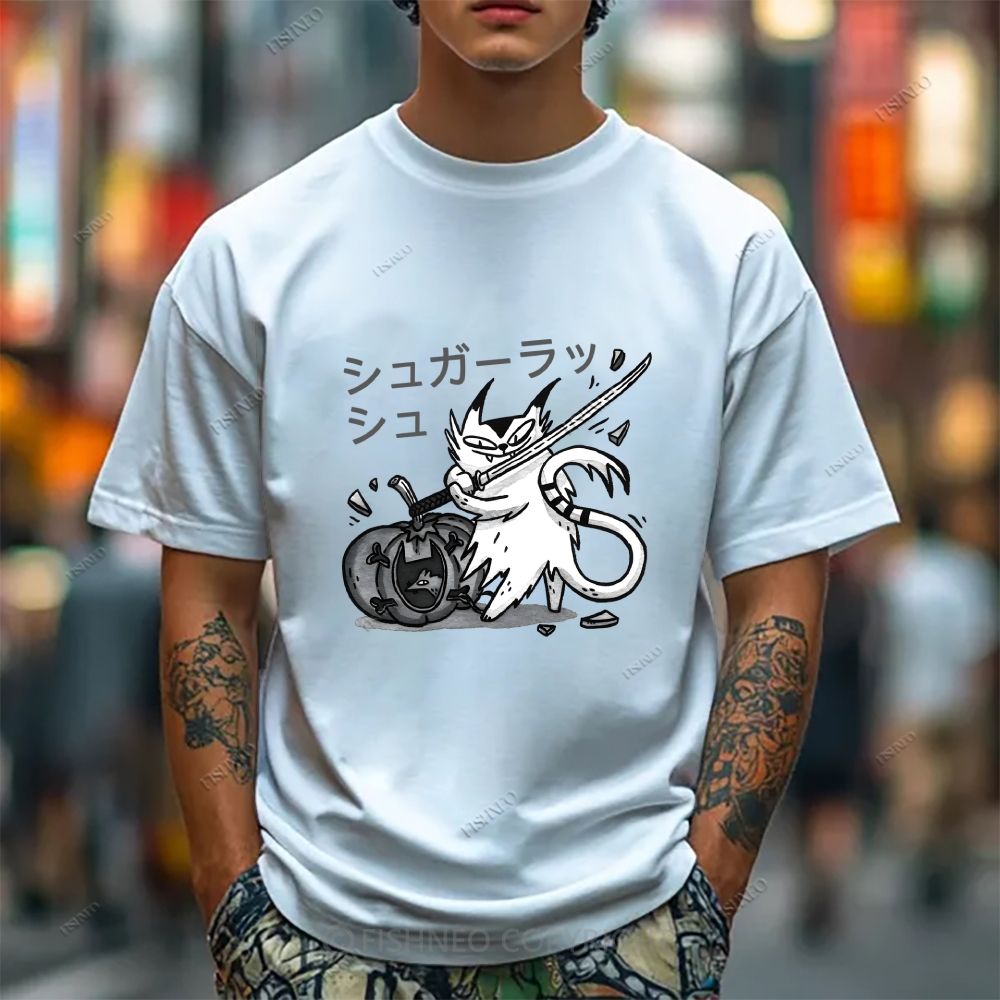Japanese Cat Samurai Breaking Stuff Classic Cotton T-shirt