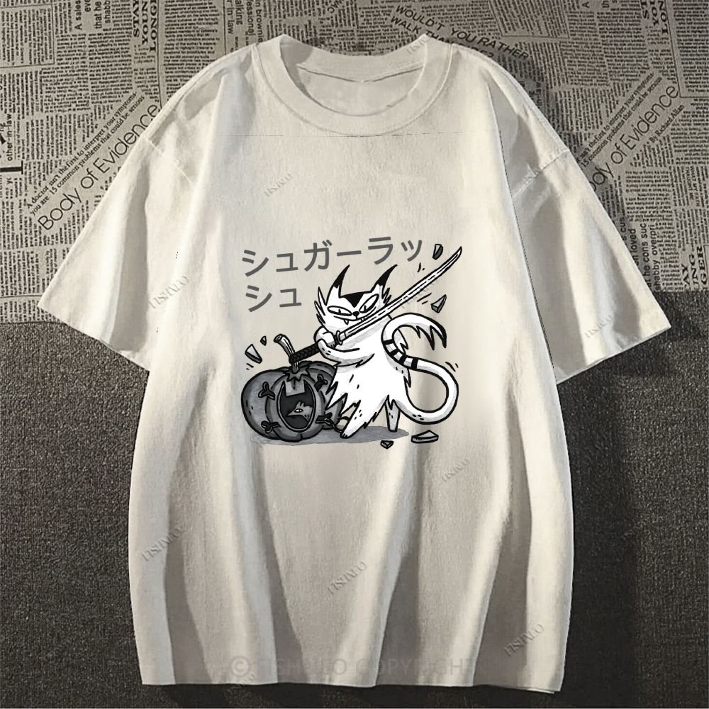 Japanese Cat Samurai Breaking Stuff Classic Cotton T-shirt