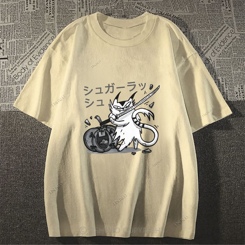Japanese Cat Samurai Breaking Stuff Classic Cotton T-shirt
