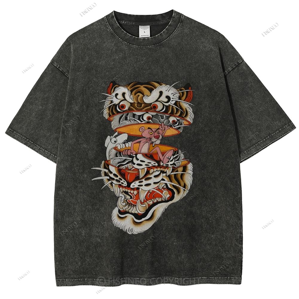Unisex Vintage Old School Tiger Pink Panther Printed Washed Tee