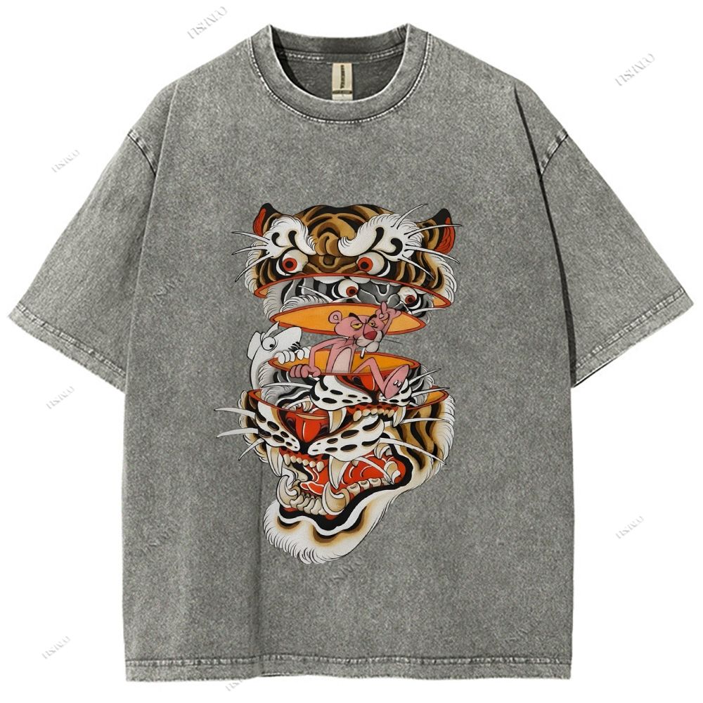 Unisex Vintage Old School Tiger Pink Panther Printed Washed Tee