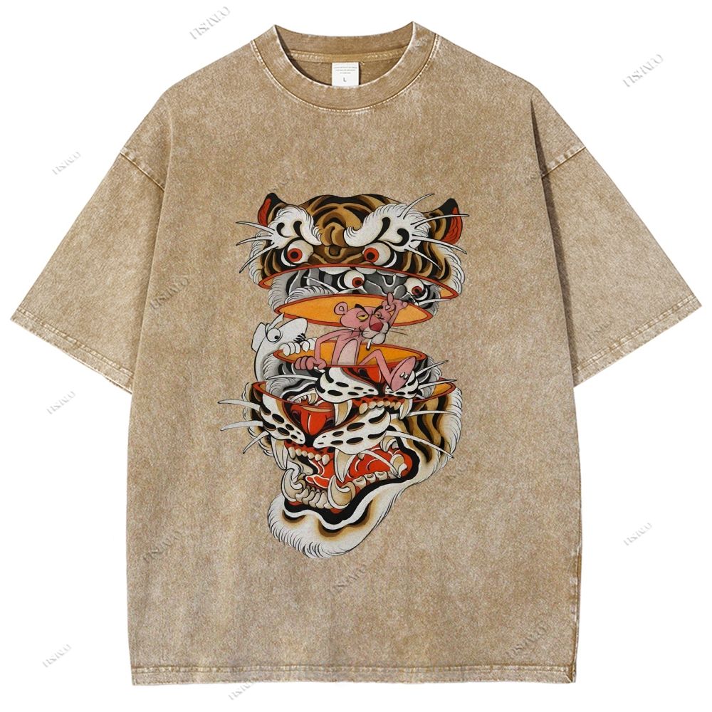 Unisex Vintage Old School Tiger Pink Panther Printed Washed Tee