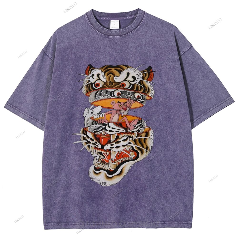 Unisex Vintage Old School Tiger Pink Panther Printed Washed Tee