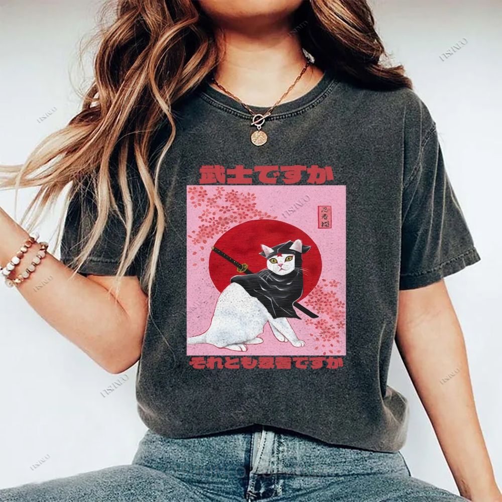 Unisex Japanese Cat Samurai Ninja Printed Washed Tee