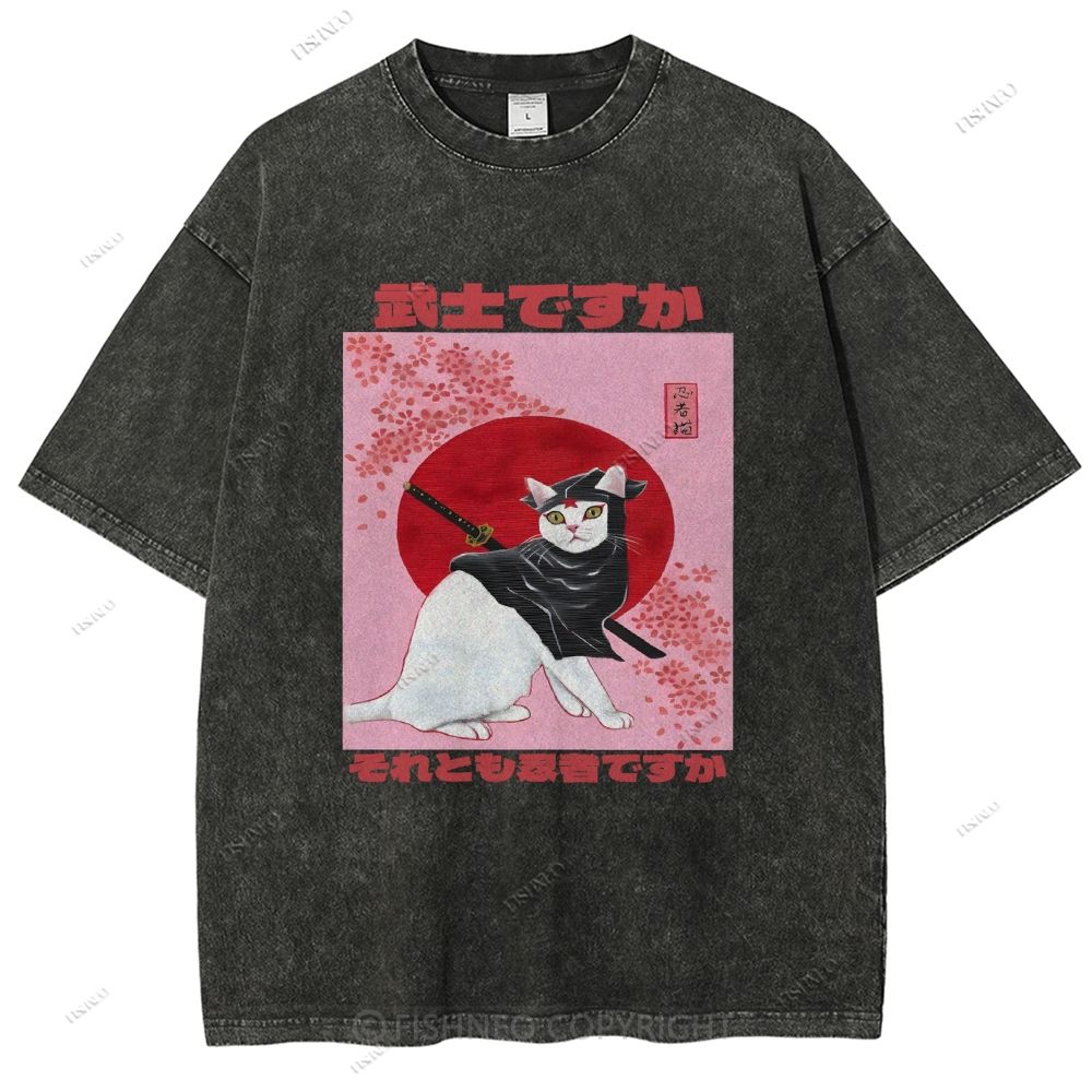 Unisex Japanese Cat Samurai Ninja Printed Washed Tee