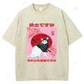 Unisex Japanese Cat Samurai Ninja Printed Washed Tee
