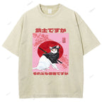 Unisex Japanese Cat Samurai Ninja Printed Washed Tee