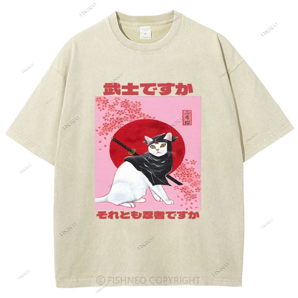 Unisex Japanese Cat Samurai Ninja Printed Washed Tee