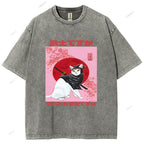 Unisex Japanese Cat Samurai Ninja Printed Washed Tee