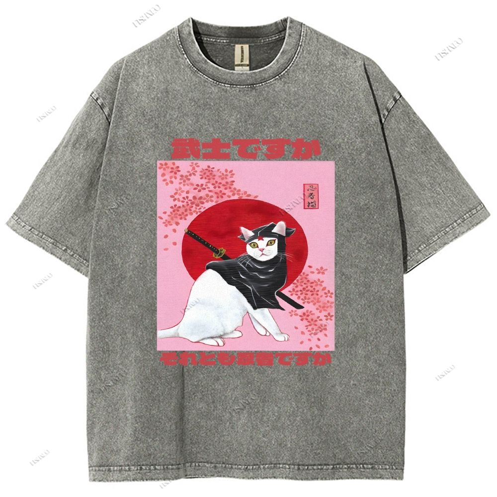 Unisex Japanese Cat Samurai Ninja Printed Washed Tee