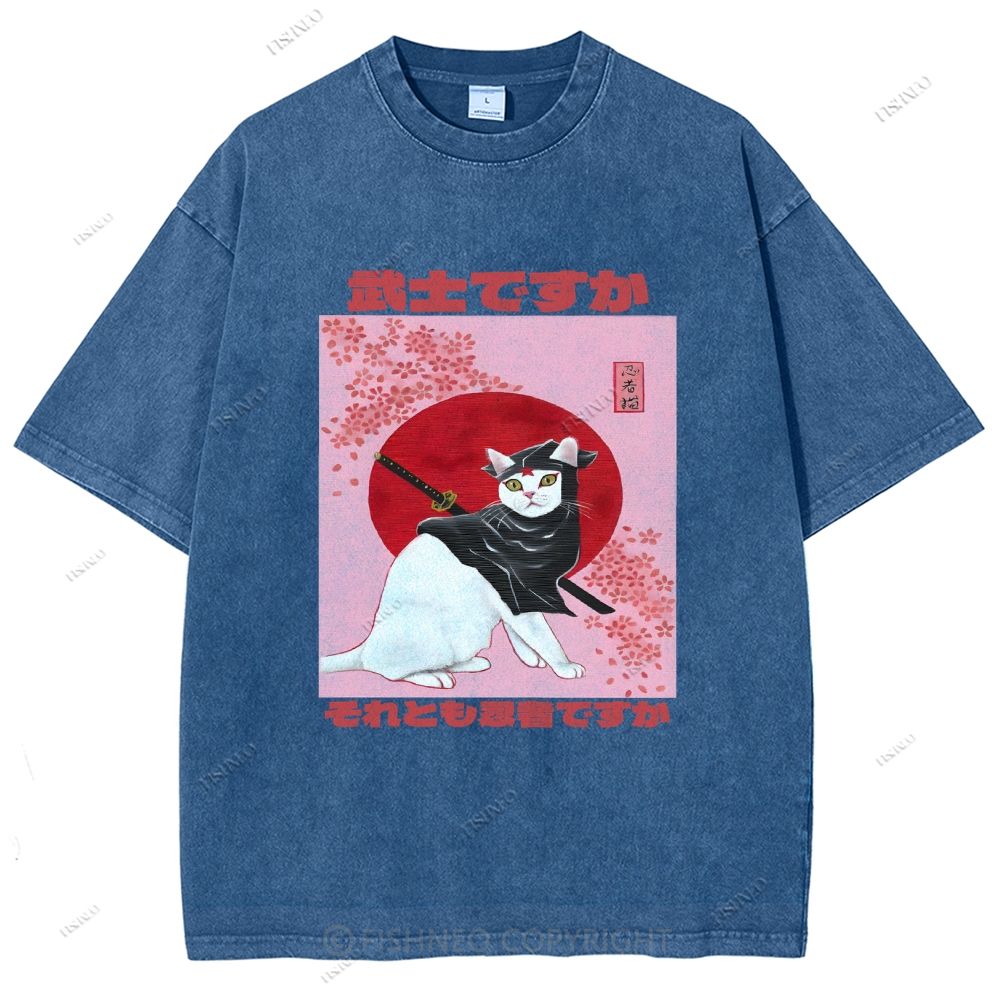 Unisex Japanese Cat Samurai Ninja Printed Washed Tee